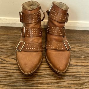 Matt Bernson brown leather embellished booties, approx 3/4” heel, size 7.5